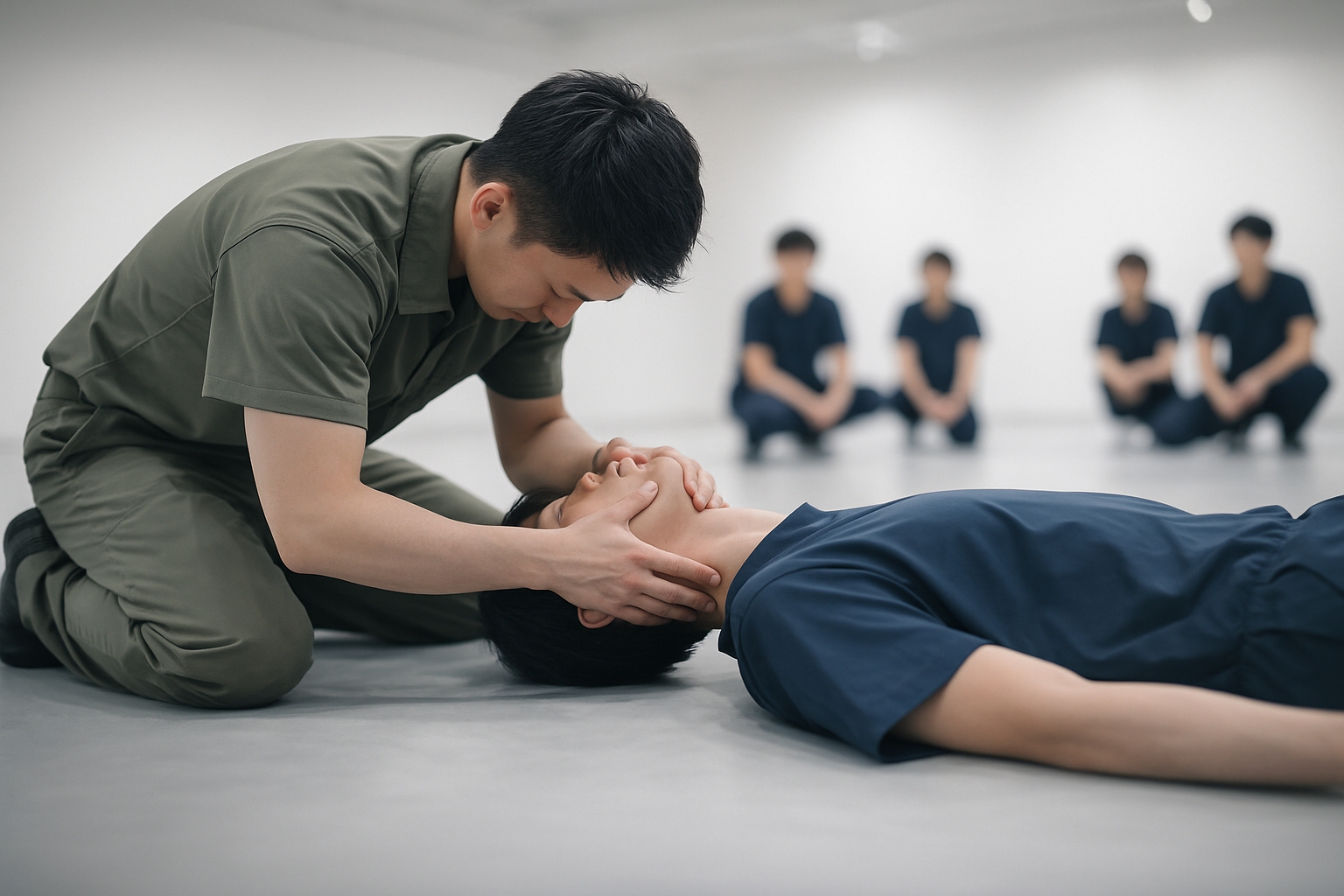 止血帯の使用方法を練習する受講者の様子