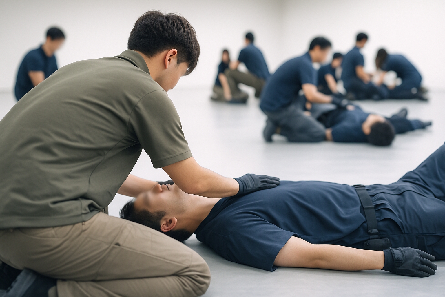 バディで負傷者搬送訓練を行う様子