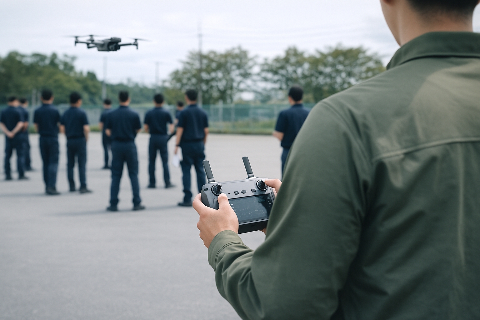 屋外でドローンの基本操作を学ぶ受講者の様子