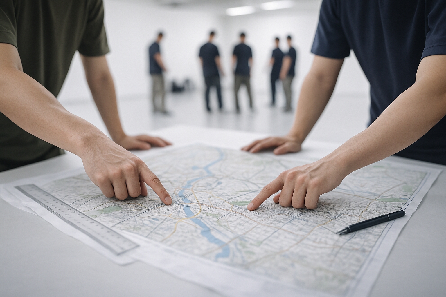 地形図とマーカーでルートを引いている様子