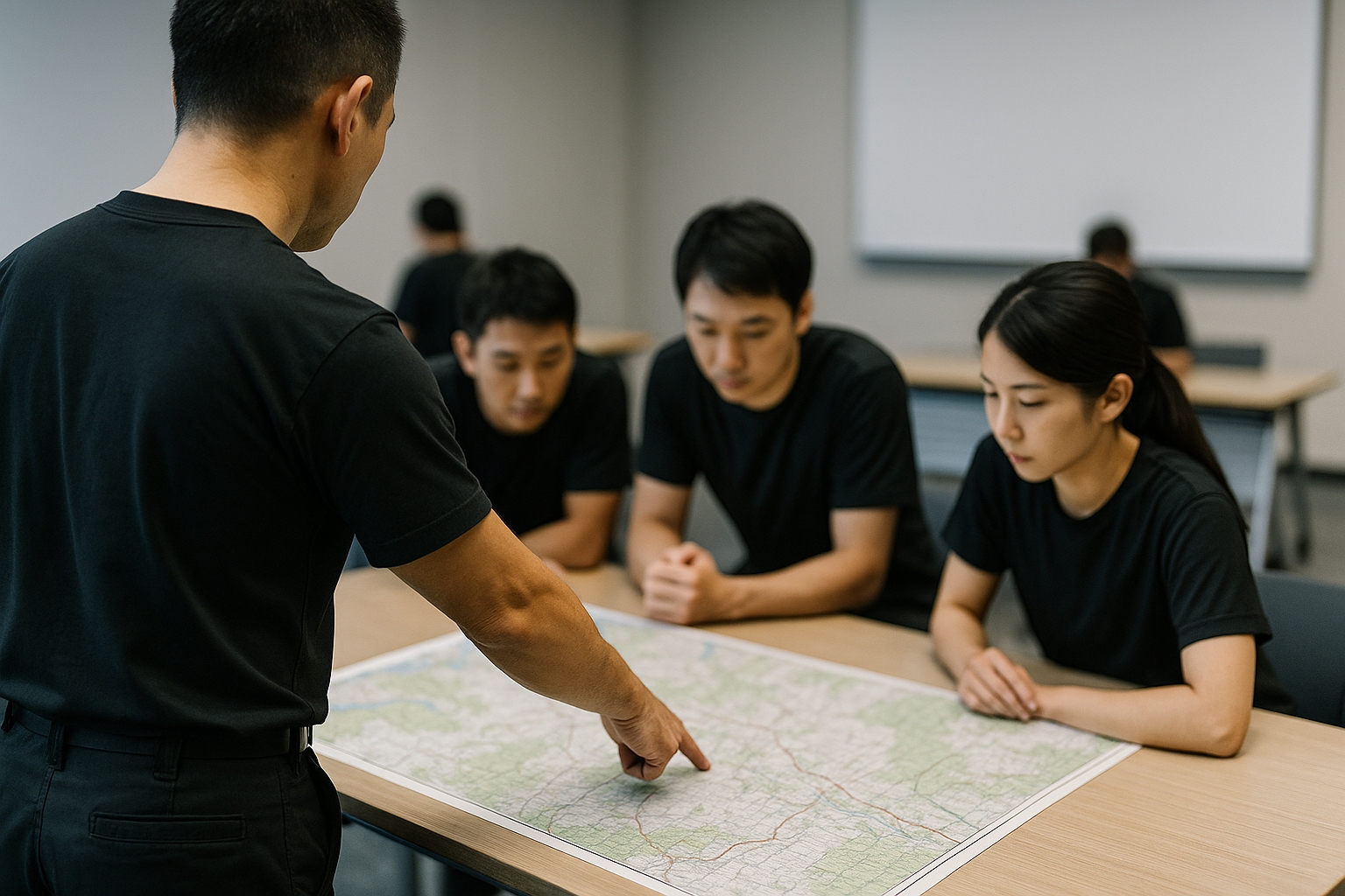 地形図とコンパス、ペンなど地図判読のための装備