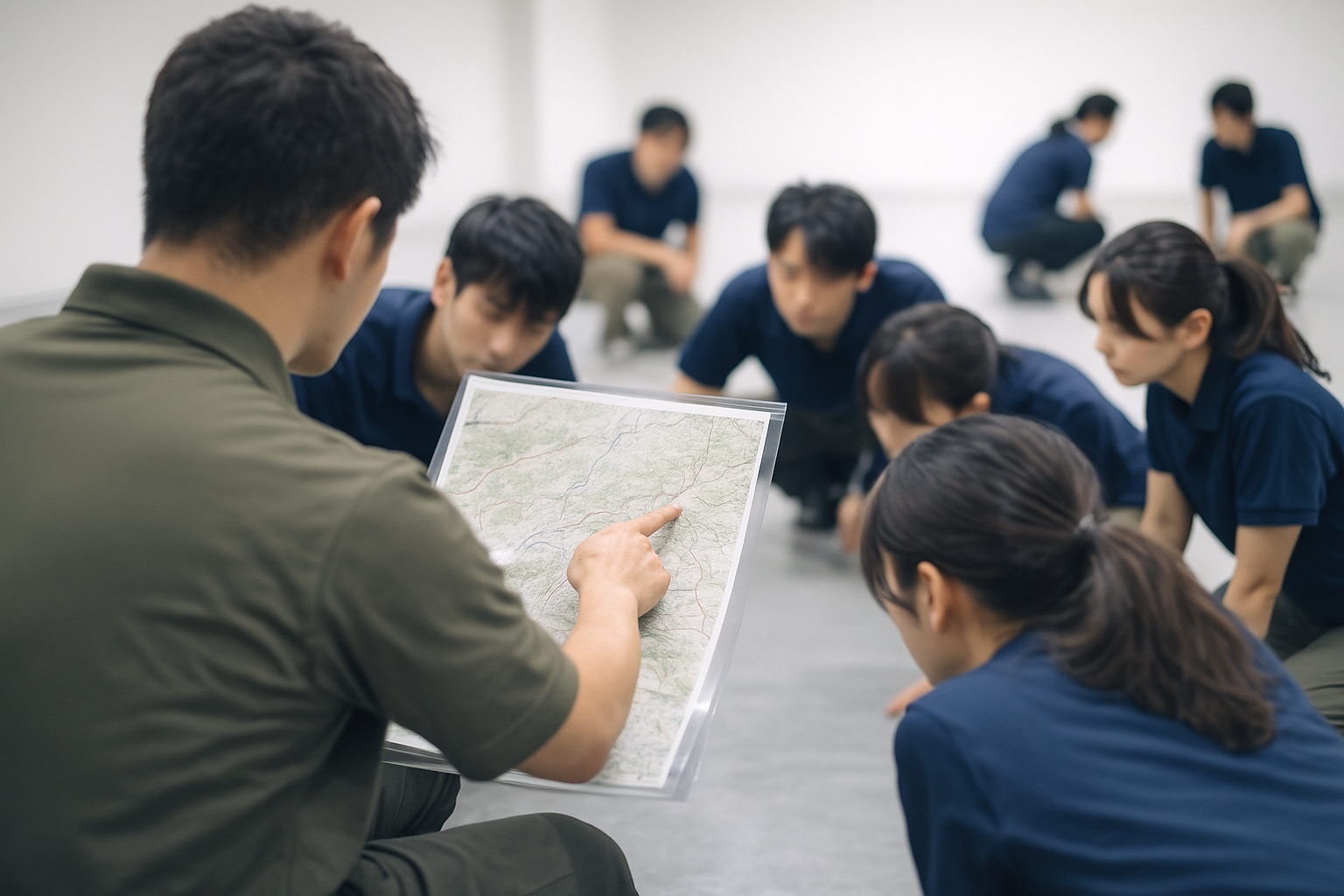 地形図の等高線や尾根・谷を指さしながら説明している様子