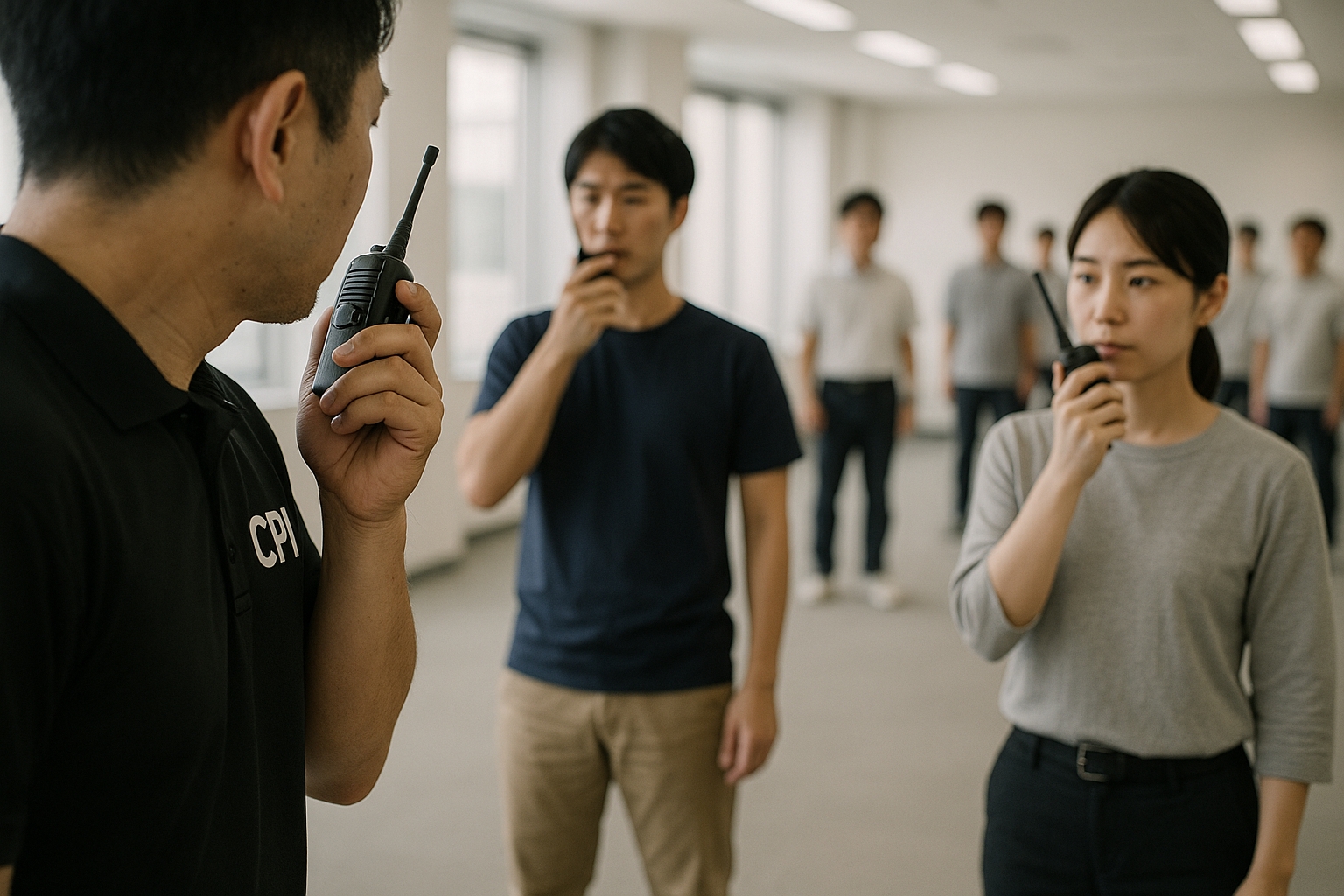 無線機とヘッドセット、メモ帳など戦術無線通信装備のイメージ