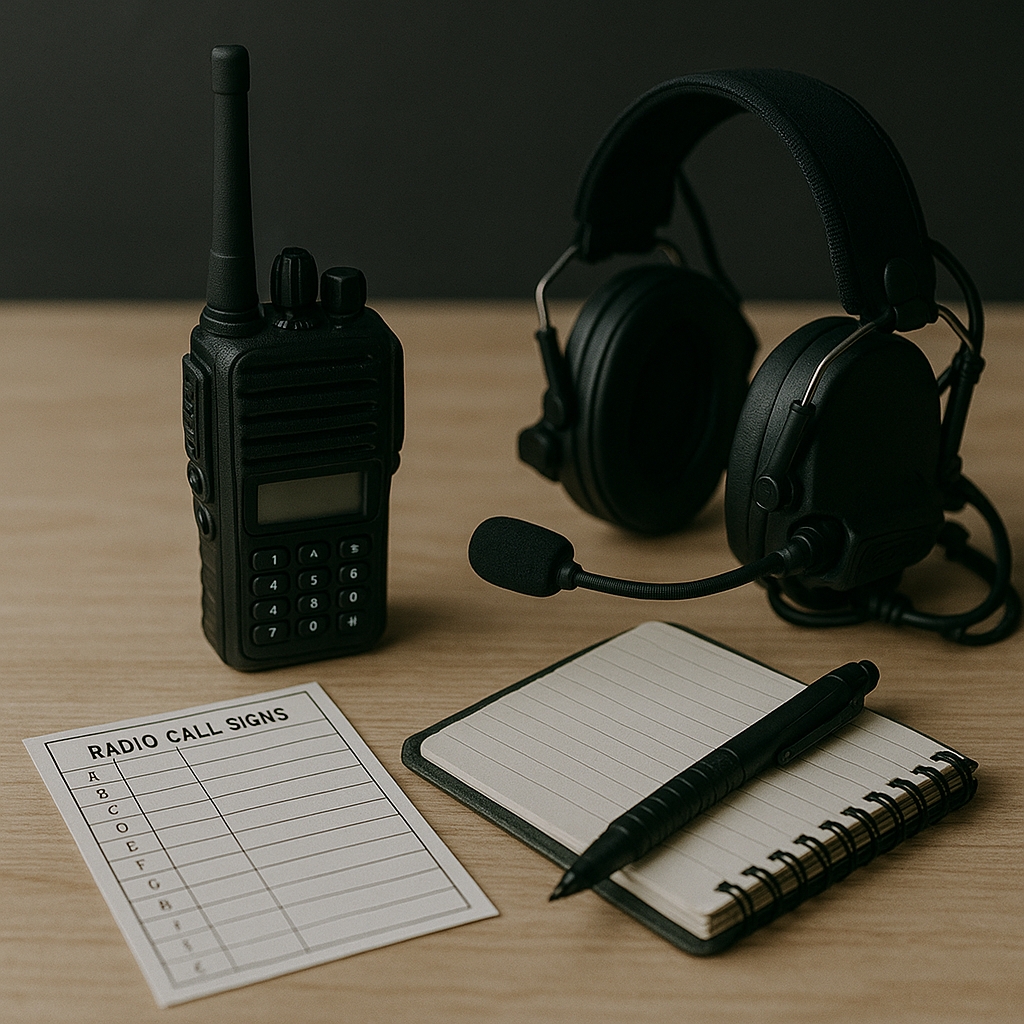 机上に並ぶ簡易無線機と通信プロトコル資料のイメージ