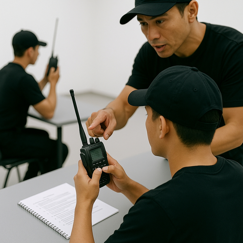 屋内で無線機の基礎操作を学ぶ受講者の様子