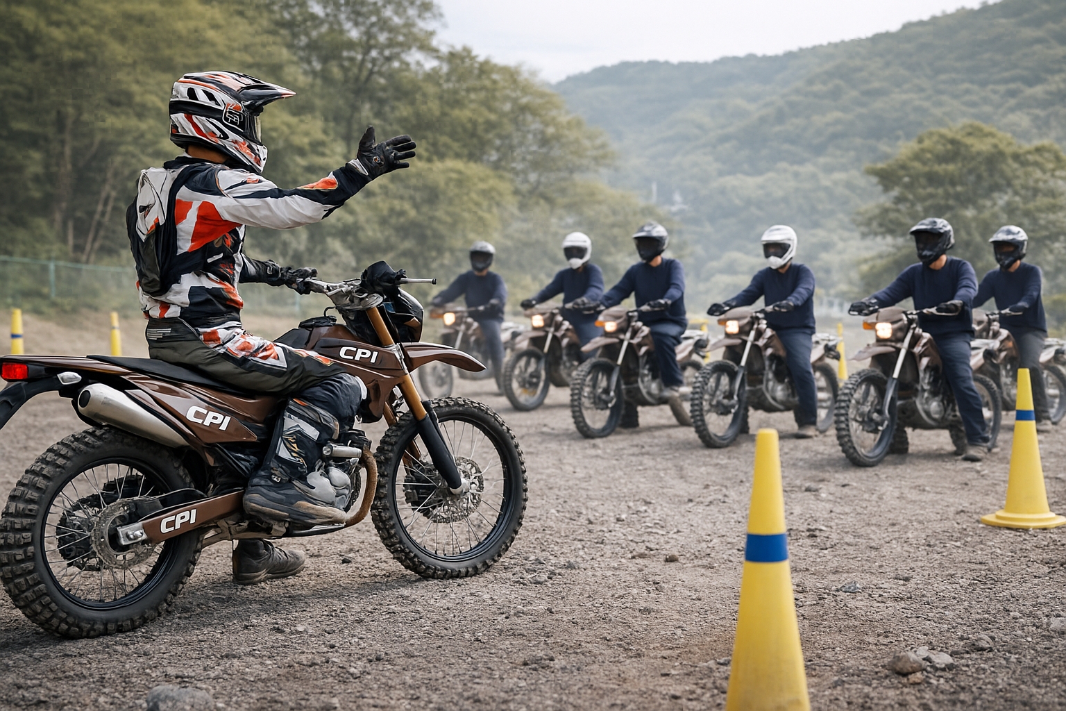 オフロードバイクと地図、ヘルメットなど紛災時車両運用装備のイメージ