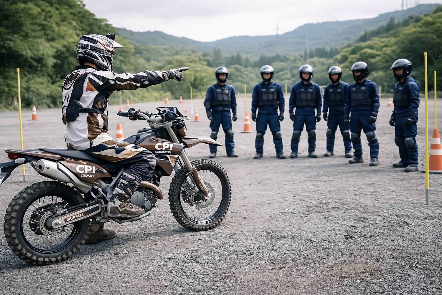 市街地から悪路へ続く道路とオフロードバイクのイメージ