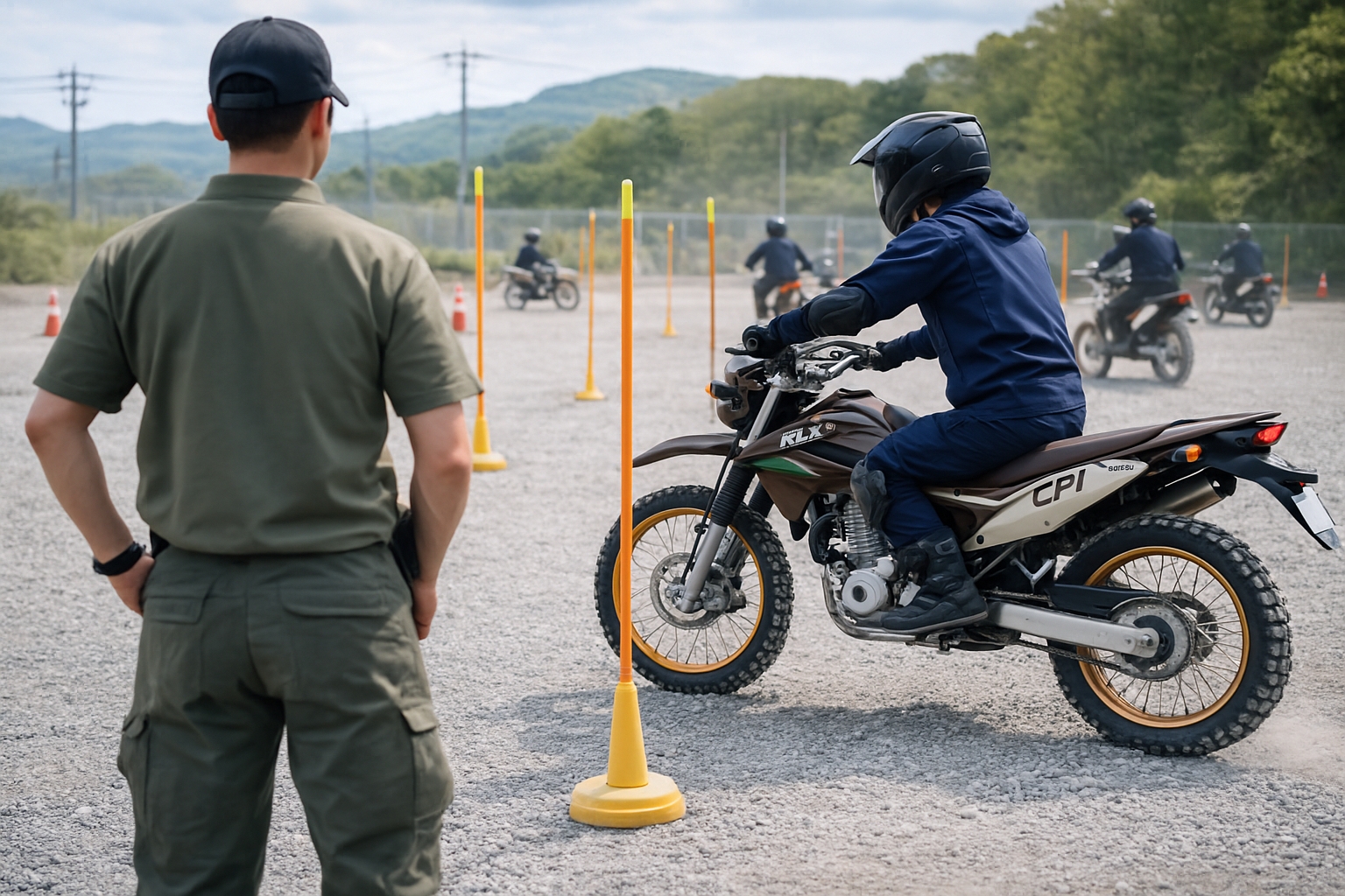 オフロードバイクの基礎操作を練習する受講者の様子